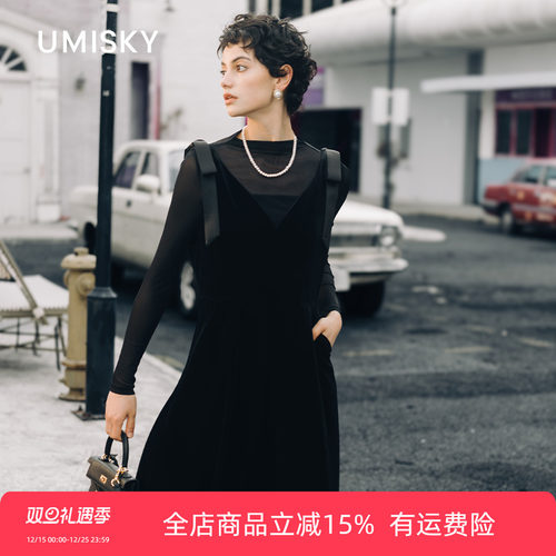 umisky优美世界专柜同款冬季丝绒蝴蝶结肩带两件套连衣裙SK4D1802