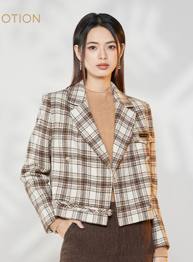 清仓 旗下芬岸女装英伦风米咖色格纹短款西装外套XI4C4005