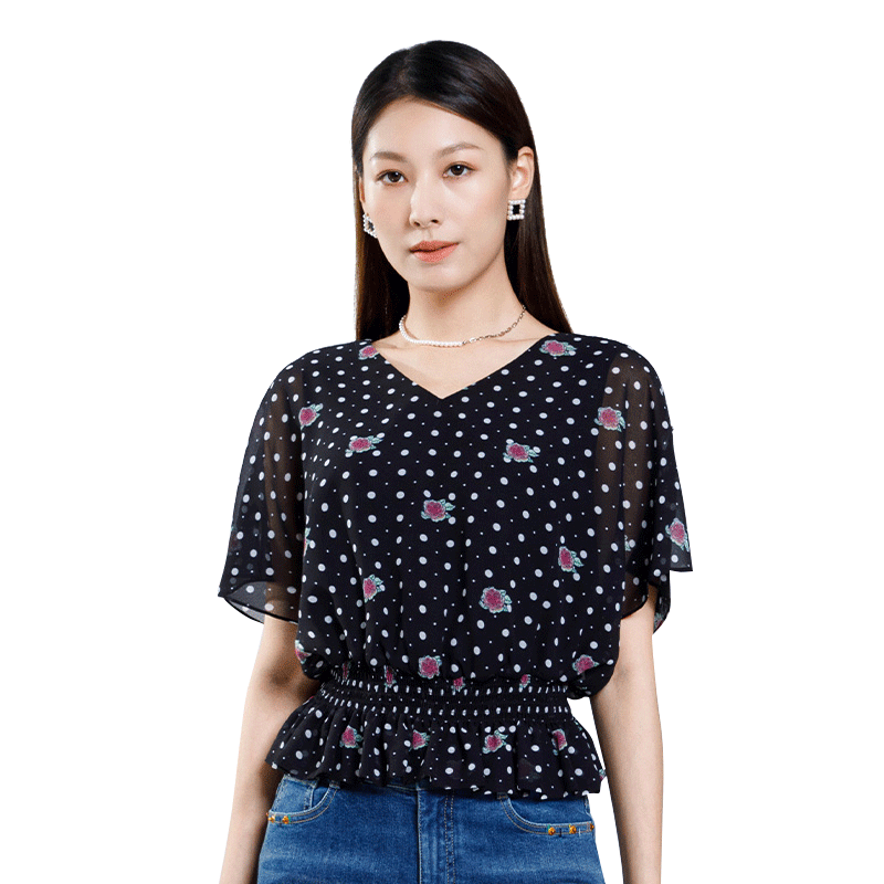 优美世界短袖套头波点印花上衣