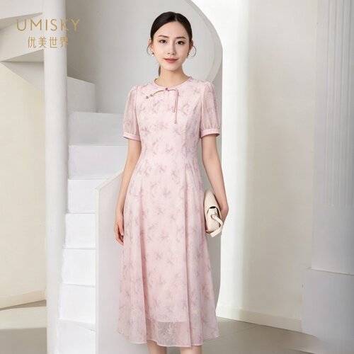 umisky优美世界专柜同款夏季时尚气质圆领中长绣花连衣裙SM2D1027