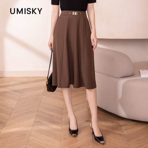 umisky优美世界女装秋冬金属扣显瘦中长高腰a字半裙SK3H1001