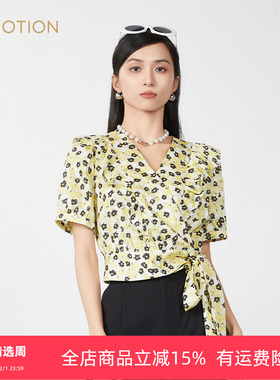 旗下芬岸女装商场同款夏季浪漫优雅V领绑带时尚印花上衣XK2J3013