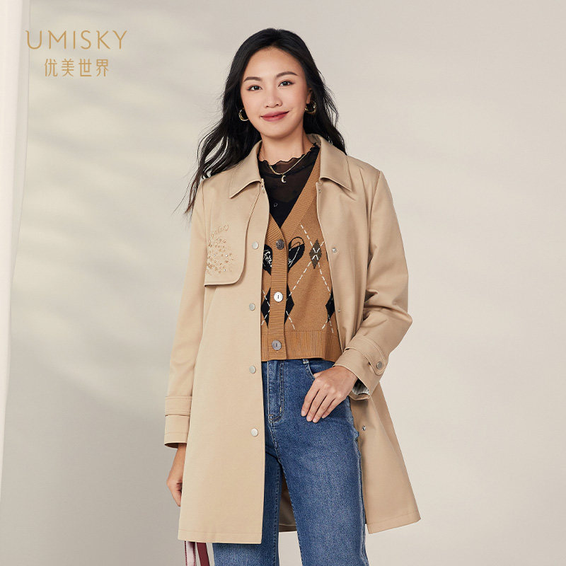 umisky优美世界专柜同款春季经典百搭纯色中长外套风衣SK1R2002