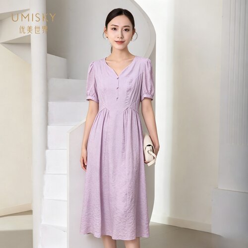 umisky优美世界专柜同款夏弧形V领时尚优雅莱赛尔连衣裙SM2D1020