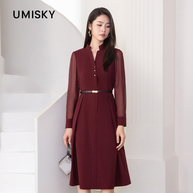 umisky优美世界专柜同款气质优雅雪纺中长纯色a字连衣裙SK3D1020图片