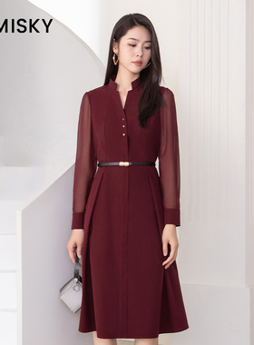 umisky优美世界专柜同款气质优雅雪纺中长纯色a字连衣裙SK3D1020