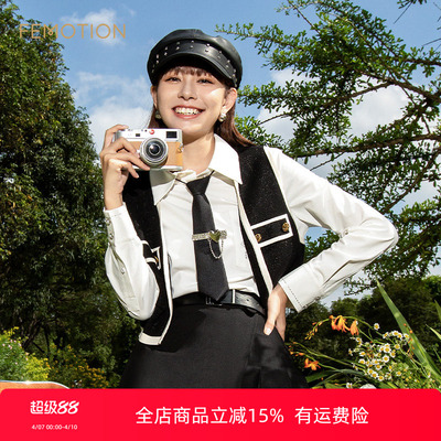 旗下芬岸女装专柜同款春季气质帅气小香风拼色超短款马甲XK1S3204