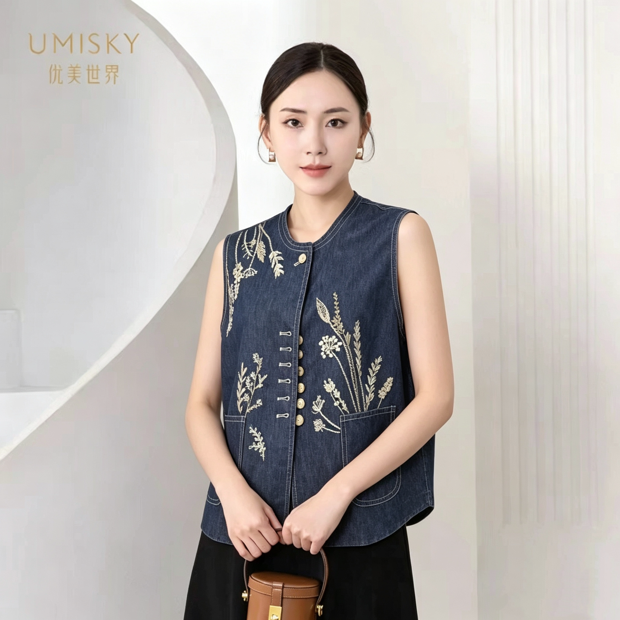 umisky优美世界(金标)专柜同款夏花卉绣花圆领女士马甲SM2M1003
