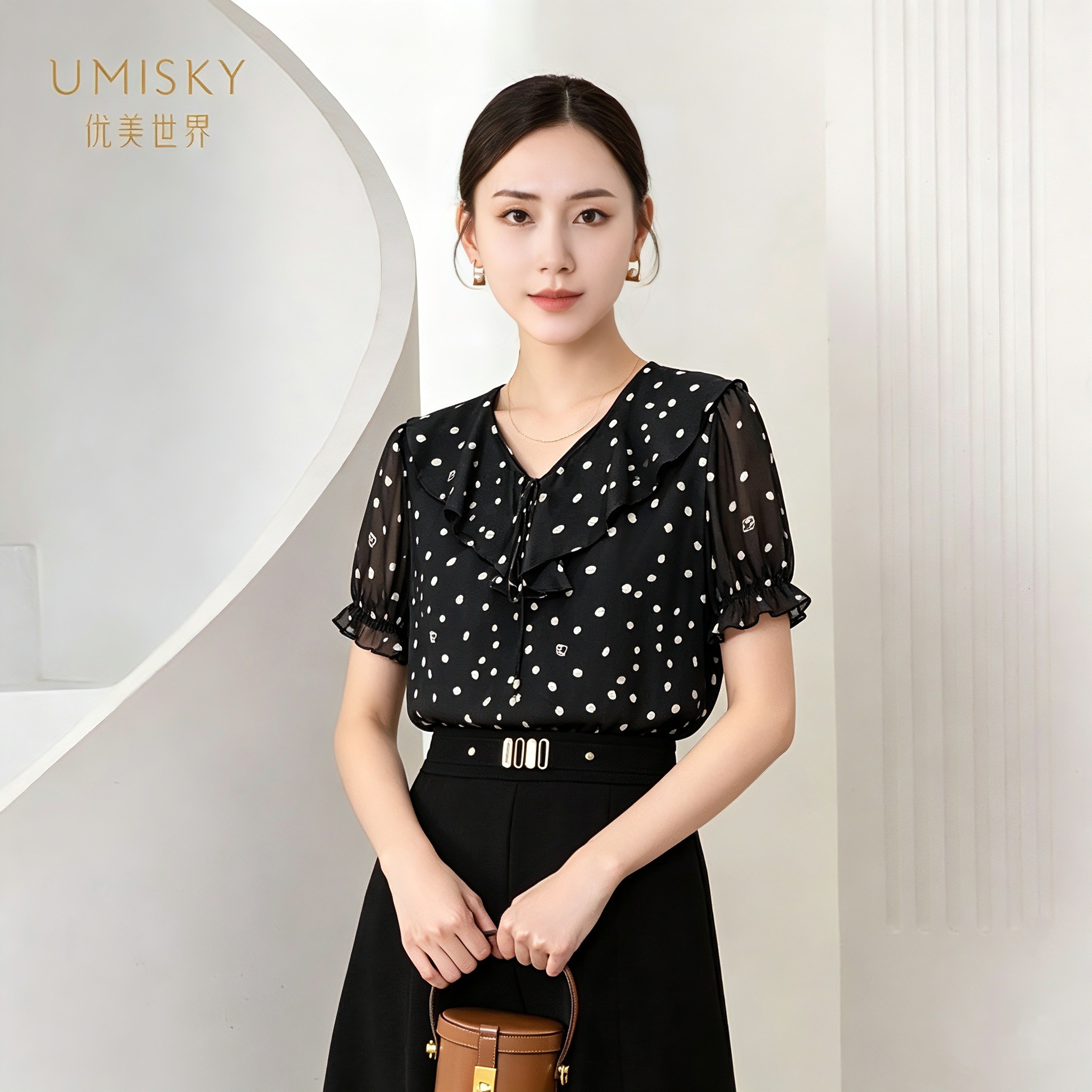 umisky优美世界专柜同款夏季优雅飘逸桑蚕丝套头波点衬衣XM2G4007图片