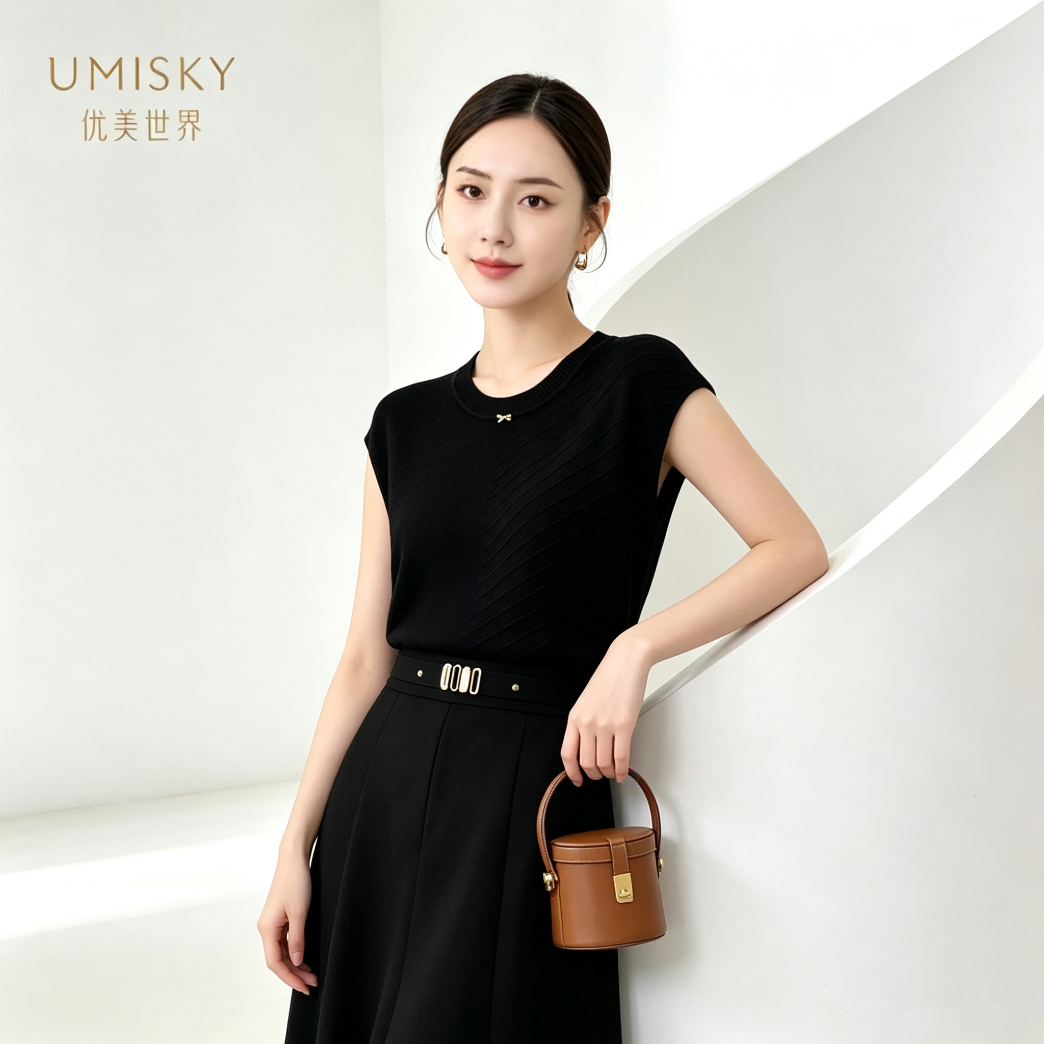 umisky优美世界专柜同款夏季优雅圆领莱赛尔针织衫上衣SM2W2864图片