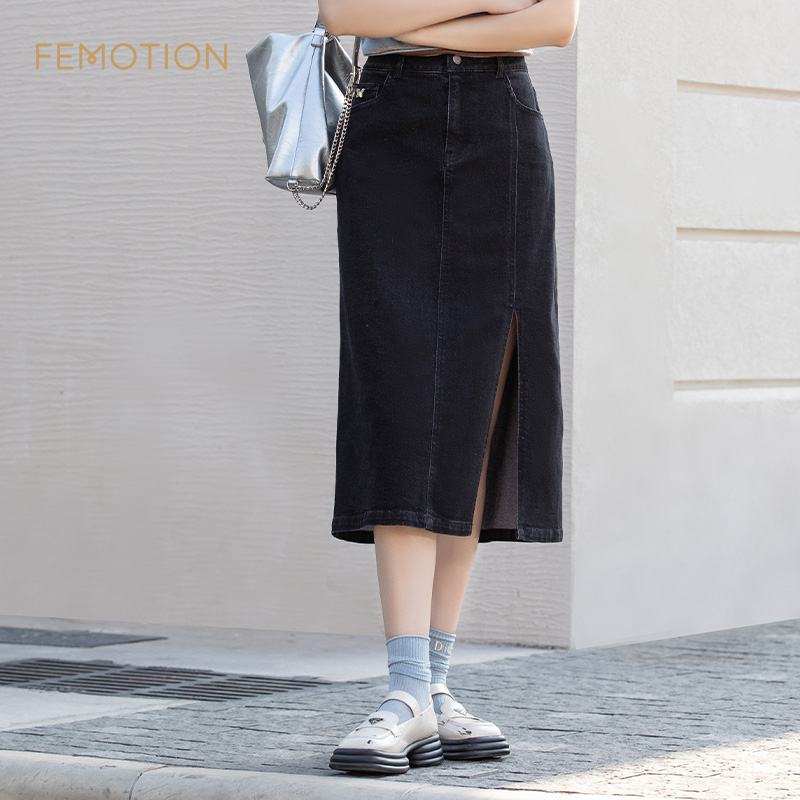 旗下芬岸女装专柜同款秋季侧边开叉高腰直筒休闲牛仔半裙XK3H1201