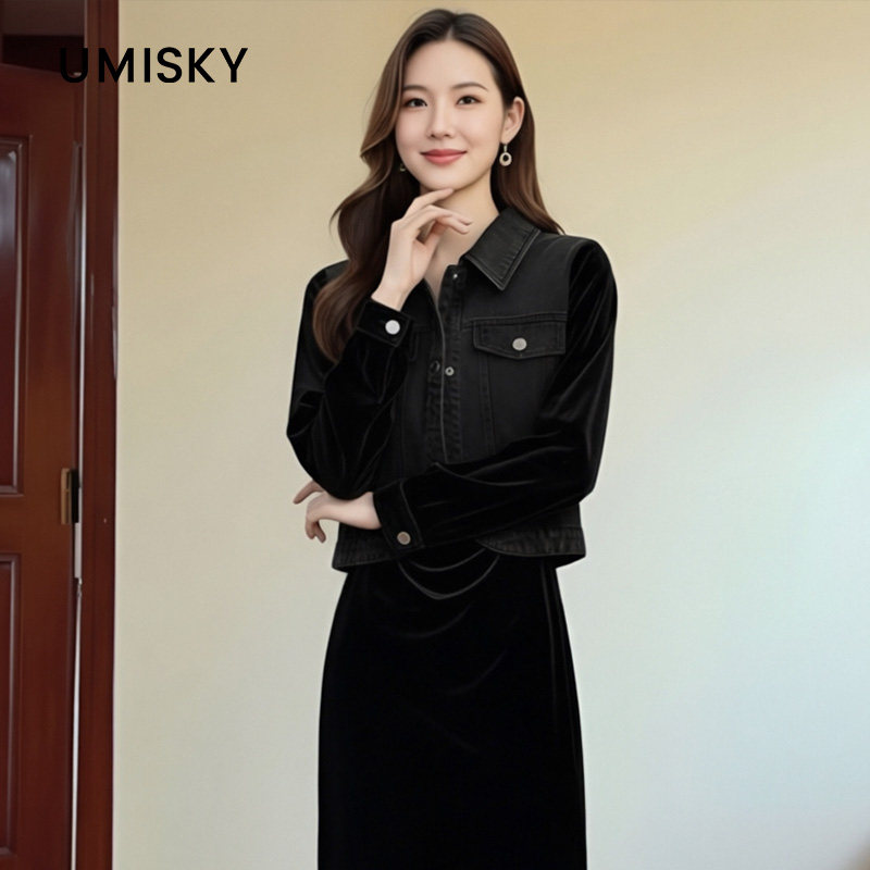 优美世界旗下女装冬季牛仔外套开叉连衣裙两件套LM4D2030