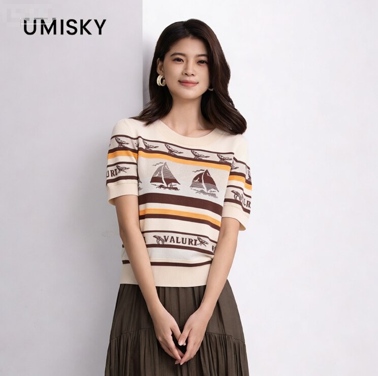 umisky优美世界专柜同款复古帆船提花短袖圆领针织衫上衣SM2W3233图片