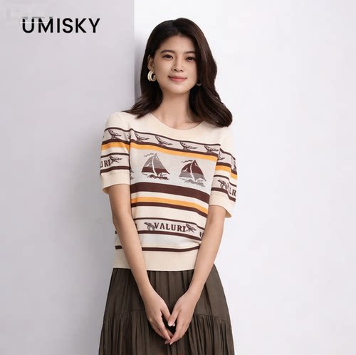 umisky优美世界专柜同款复古帆船提花短袖圆领针织衫上衣SM2W3233