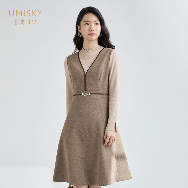 清仓 umisky优美世界女装时尚优雅圆领拼接针织连衣裙sg4d1032