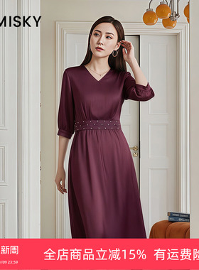 优美世界旗下女装气质V领收腰七分袖a字连衣裙LM4D2036