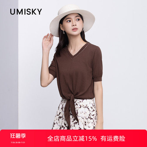 umisky优美世界专柜同款夏季V领绑带短袖休闲T恤套头上衣SM2W2858