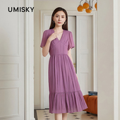 优美世界旗下女装 玫红色气质V领飘逸a字连衣裙LM2D2080