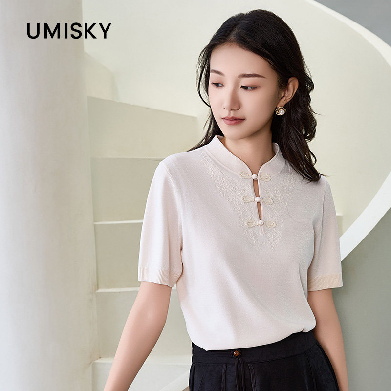 umisky优美世界专柜同款夏季旗袍领绣花套头针织衫上衣SM1W3204图片