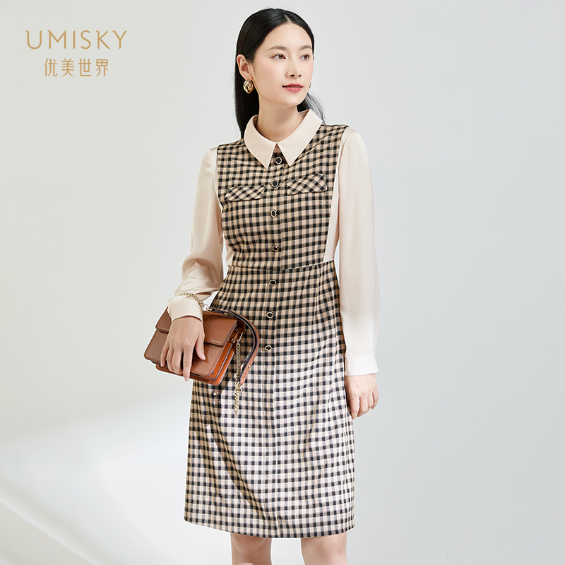 优美世界a字格子连衣裙