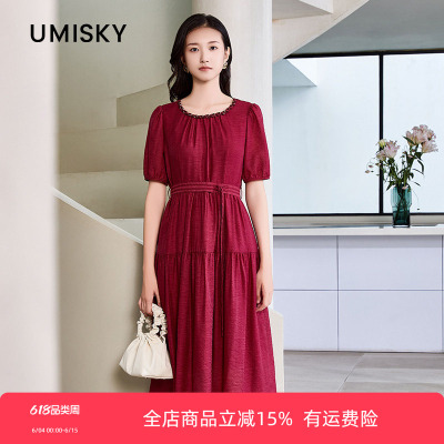 umisky优美世界专柜同款夏季法式浪漫优雅红色礼服连衣裙SM1D1708