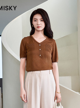 umisky优美世界专柜同款夏季气质简约V领针织衫上衣T恤SM1W3201