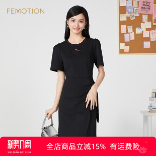 优雅黑色圆领不规则a字连衣裙XK2D1056 夏季 旗下芬岸女装 商场同款