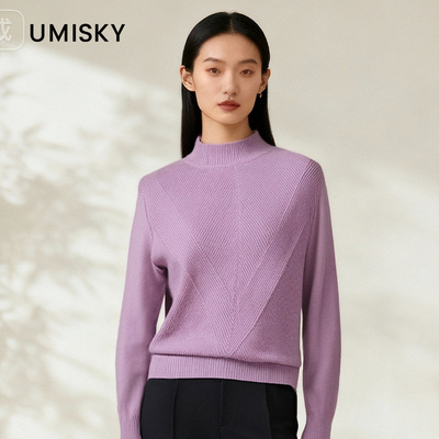 优美世界旗下芬岸女装冬半高领纹理几何纹理修身针织毛衫XK4W3212