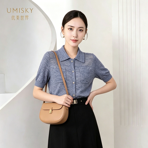 umisky优美世界专柜同款夏季POLO领通勤简约短袖羊毛衫SM2W3246