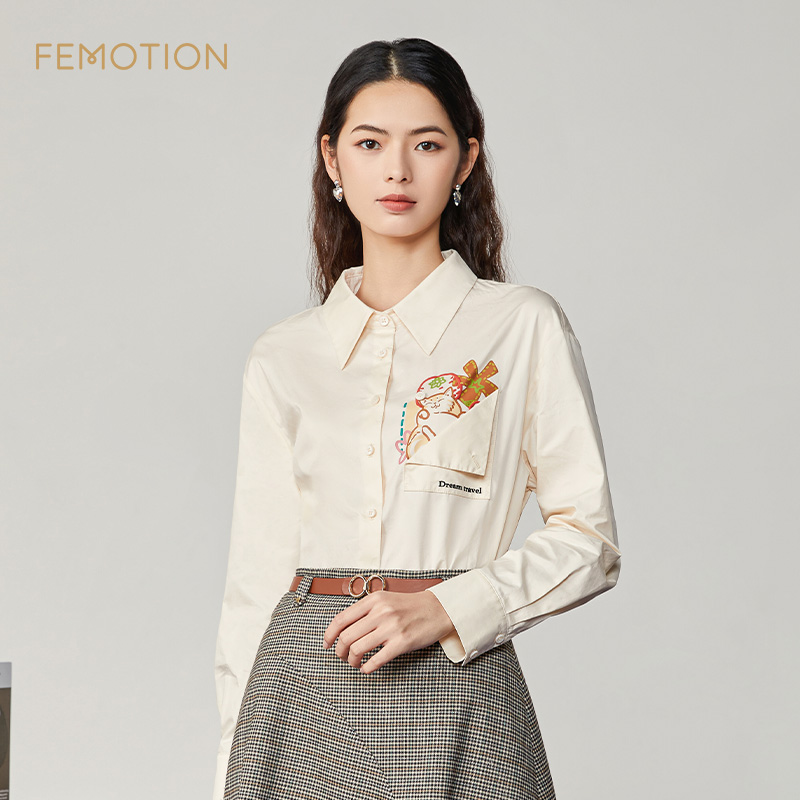 芬岸女装单排扣长袖宽松衬衫