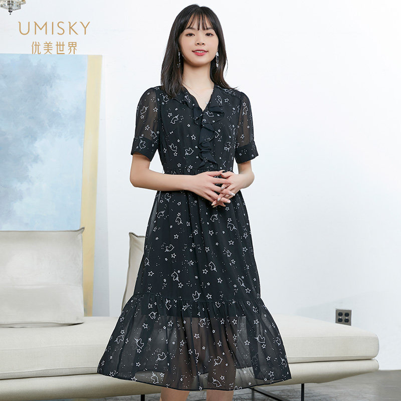 umisky优美世界女装2022夏季款气质黑色小花类连衣裙ve2d3723