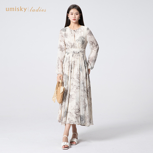 水墨印花压褶收腰连衣裙FK1D2038 umisky优美世界女装