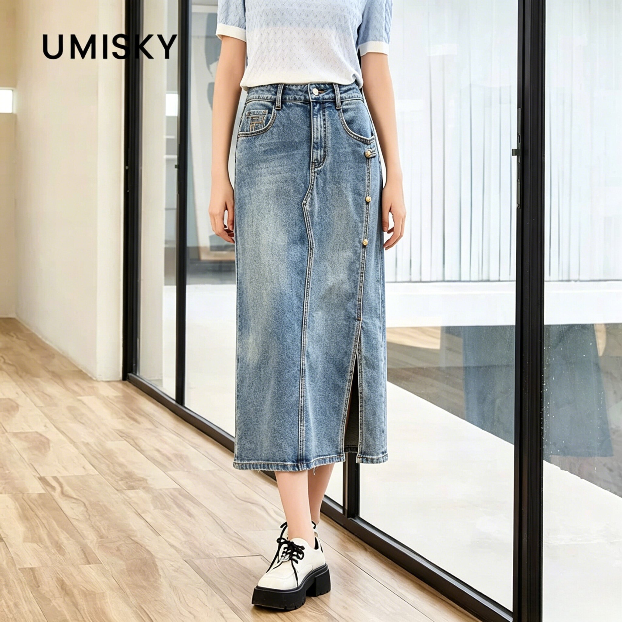 umisky优美世界(金标)夏季长款侧开叉包臀牛仔半身裙SM2H3503