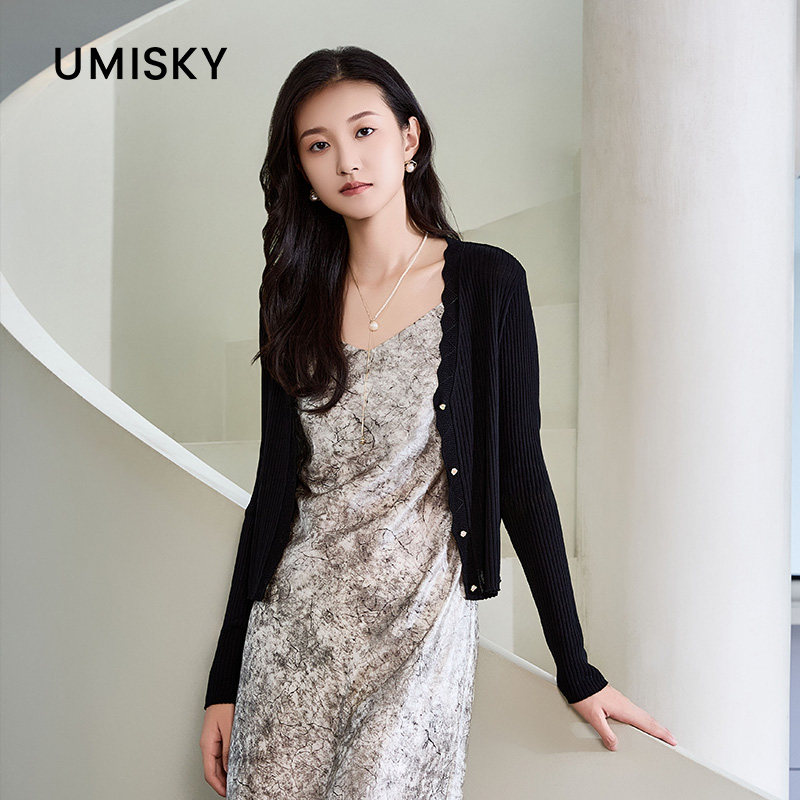 umisky优美世界专柜同款春季通勤波浪边减龄开衫毛衫外套SM1S1205图片