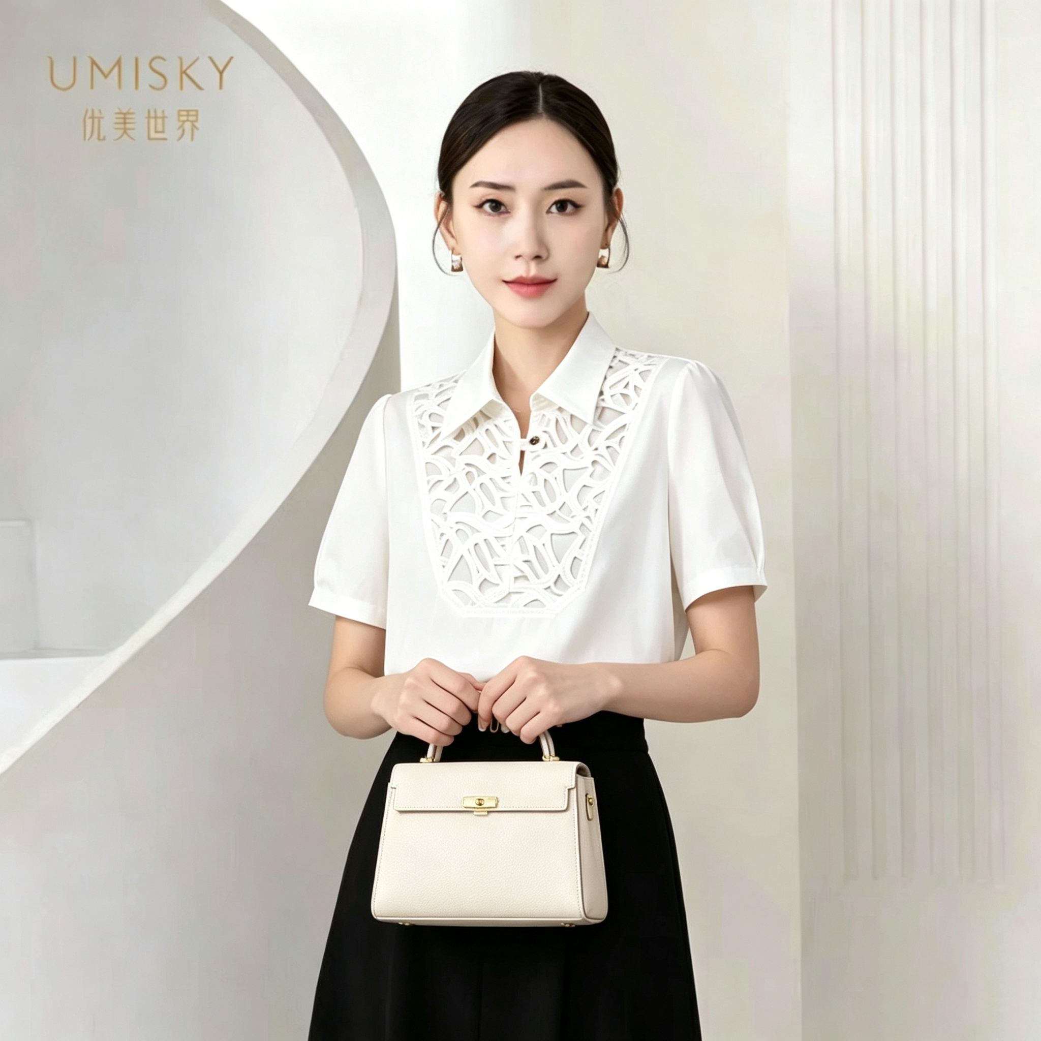 umisky优美世界专柜同款夏季气质翻领短袖白色通勤衬衣XM2G3008图片
