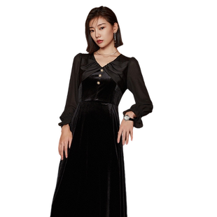 清仓 umisky优美世界女装优雅大气V领丝绒礼服连衣裙SI3D1002