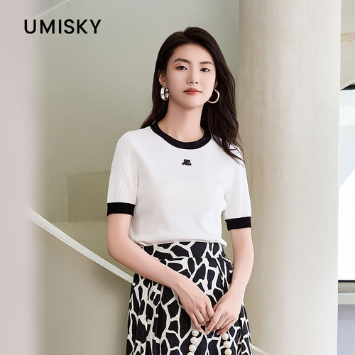 umisky优美世界专柜同款夏季圆领拼色简约套头针织衫上衣SM1W3202