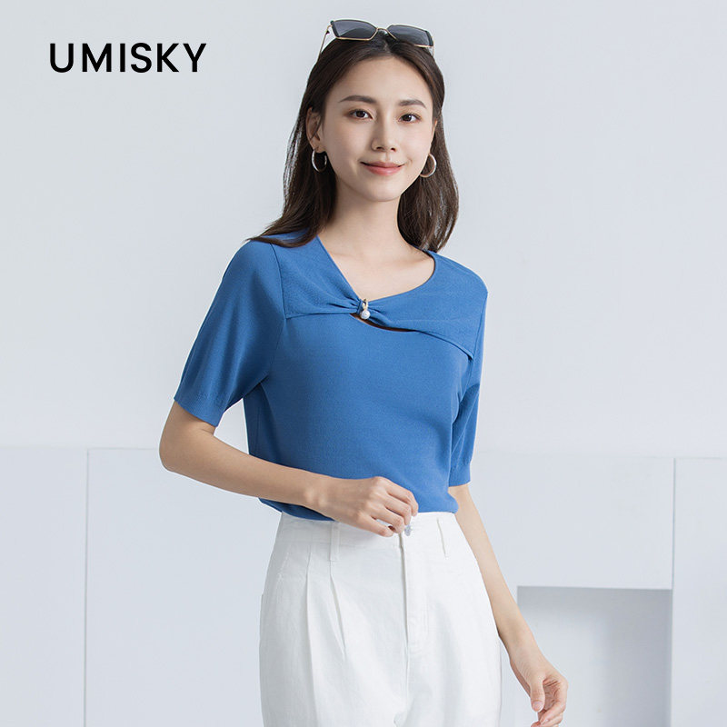 umisky优美世界专柜同款夏季气质显瘦斜领套头针织衫上衣SM2W3214图片