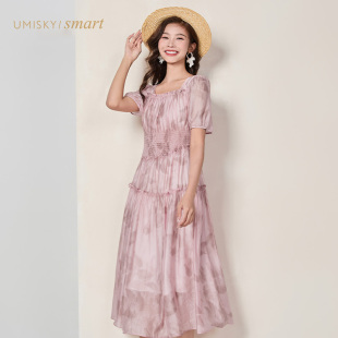 umisky优美世界女装 飘逸方领印花大摆连衣裙VK2D1005 夏季 时尚