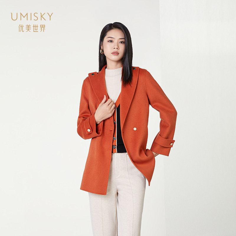 清仓 umisky优美世界女装100%绵羊毛大衣翻领毛呢外套SI4E2206