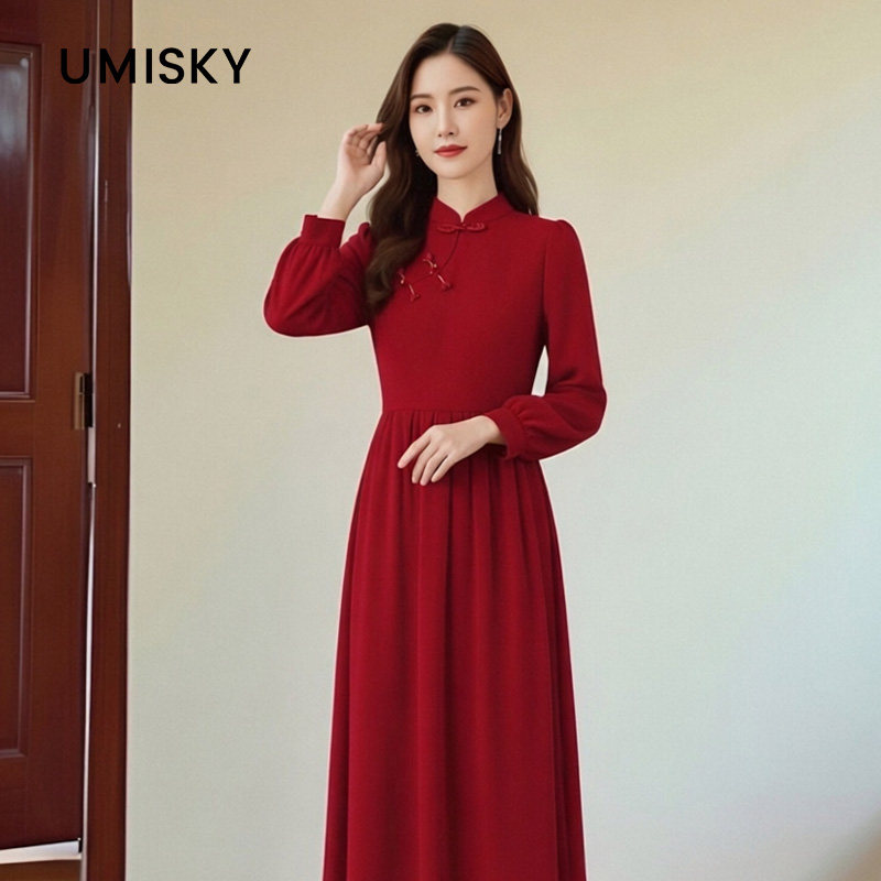 umisky优美世界女装春秋款新中式旗袍领连衣裙SK3D1031图片