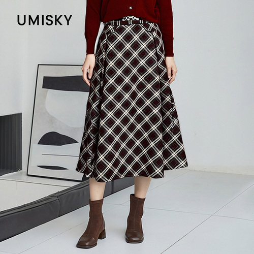 umisky优美世界冬季复古格子高腰中长a字半身裙NK4H1918