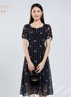 清仓 umisky优美世界女装夏季复古印花波点收腰a字连衣裙SI2D1025