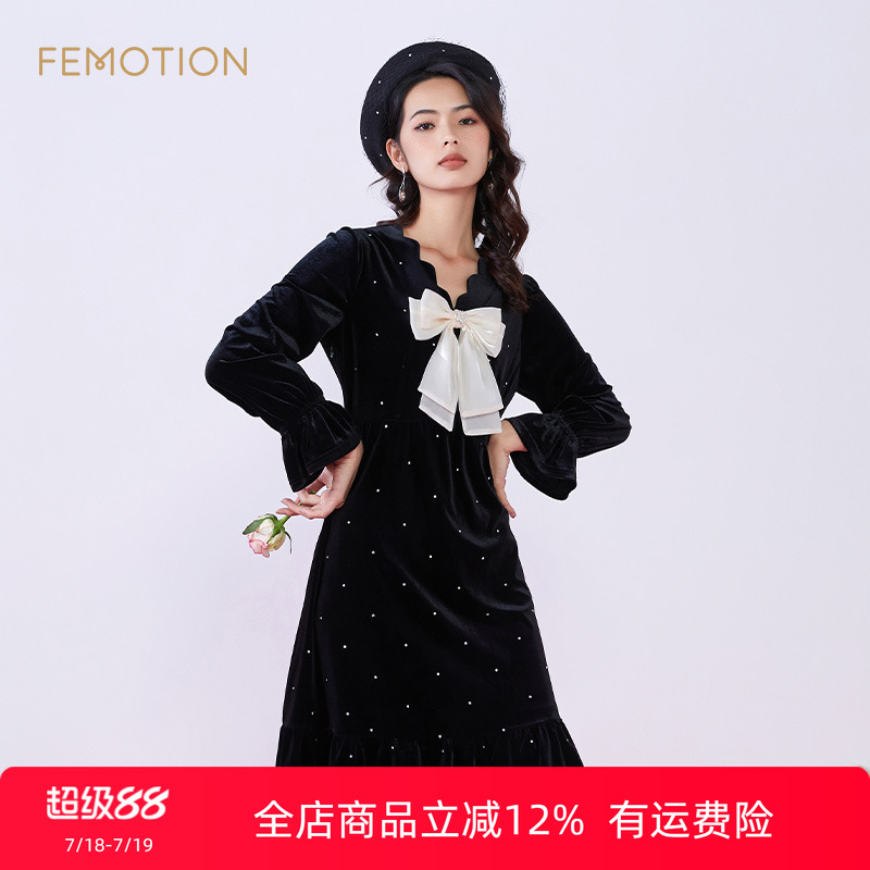 芬岸女装a字丝绒连衣裙