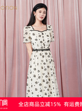 旗下芬岸女装专柜同款夏季方领收腰显瘦时尚绣花连衣裙XK1D1021