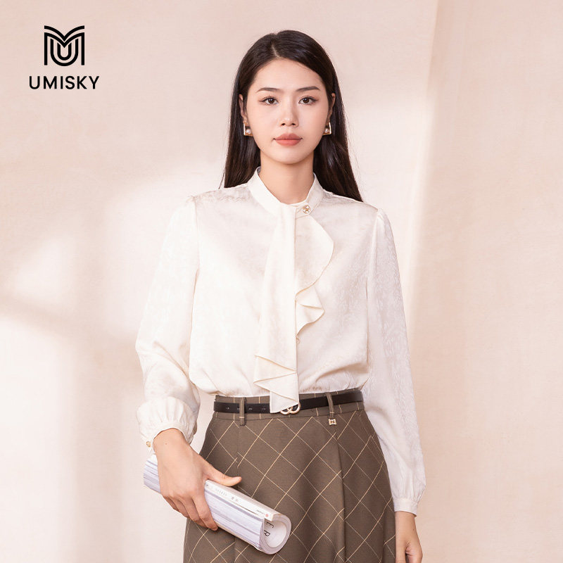 umisky优美世界专柜同款秋季时尚气质白色衬衣泡泡袖通勤长袖上衣