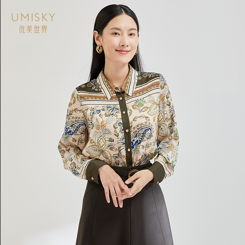 优美世界宽松长袖印花衬衣