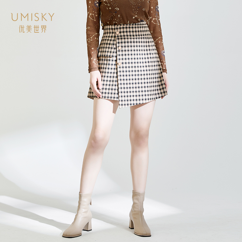 优美世界休闲格子阔腿短裤