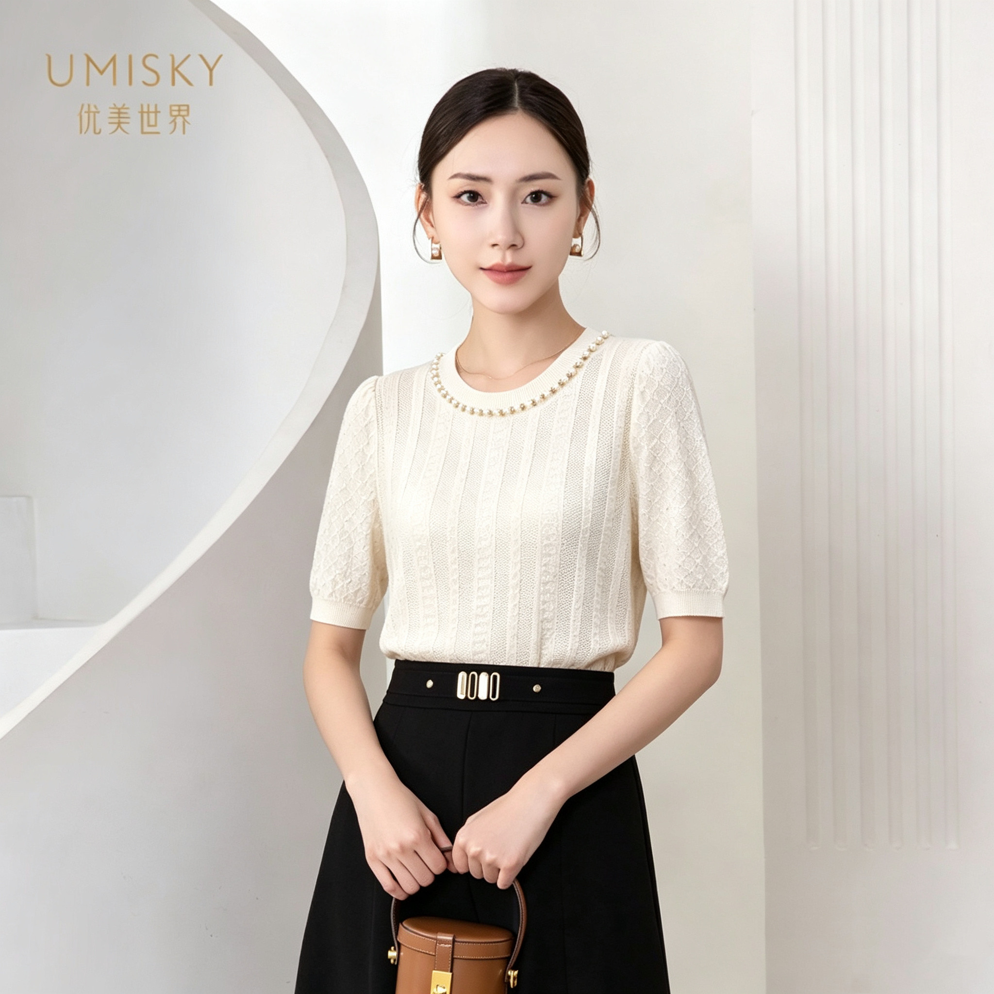 umisky优美世界专柜同款夏季圆领钉珠套头针织衫上衣SM2W2862图片