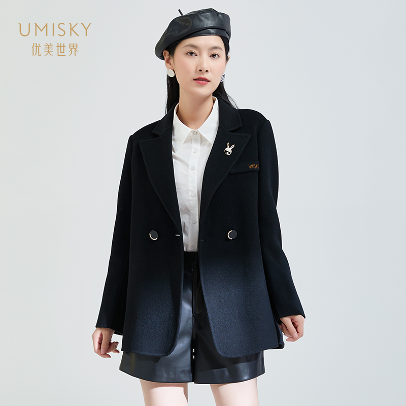 优美世界绵羊毛双排扣毛呢大衣